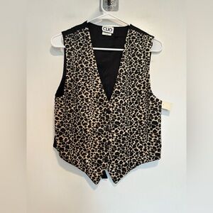NWT VTG 80s/90s CLIO Microfiber Faux Fur leopard print tuxedo vest. Vneck